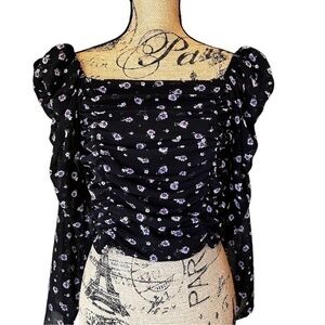 Divided sheer crop top sheer floral Long Sleeve  M
